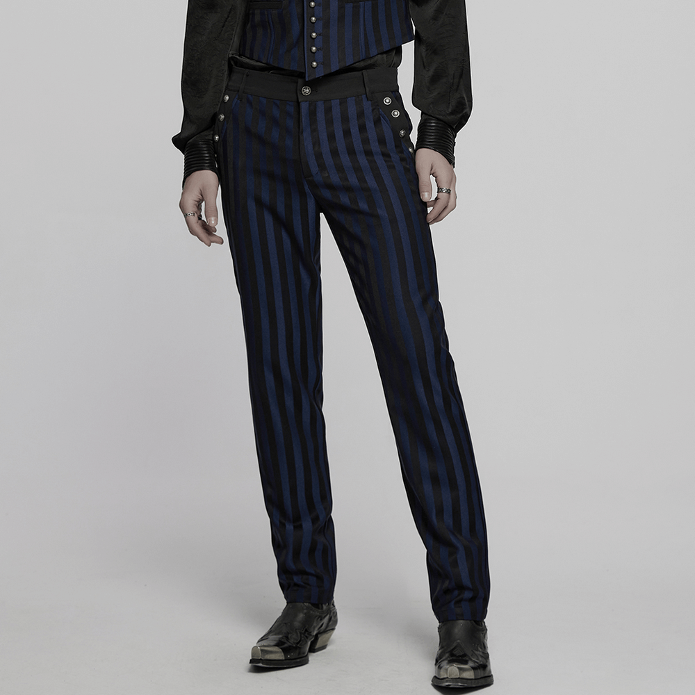 Dark stripe gothic slim fit trousers with buckles and refined silhouette, perfect for alternative menswear.