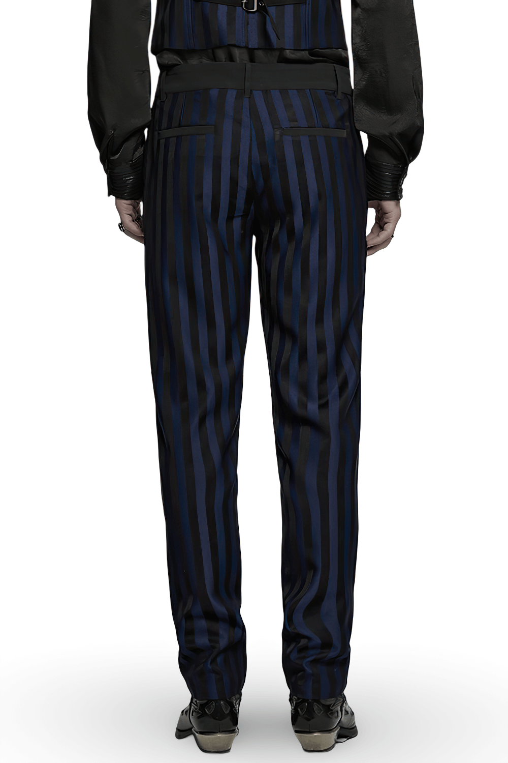 Back view of dark stripe gothic slim fit trousers with buckles, showcasing elegant vertical stripes.