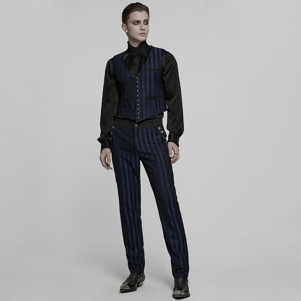 Dark stripe gothic slim fit trousers with buckles styled for a refined alternative menswear look.
