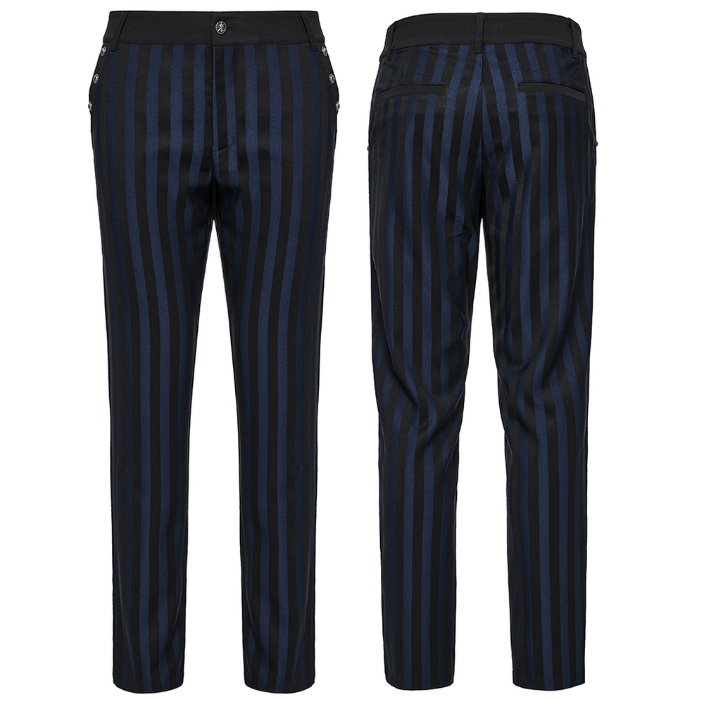 Elegant dark stripe gothic slim fit trousers featuring front pockets with buckles and back lip pocket.
