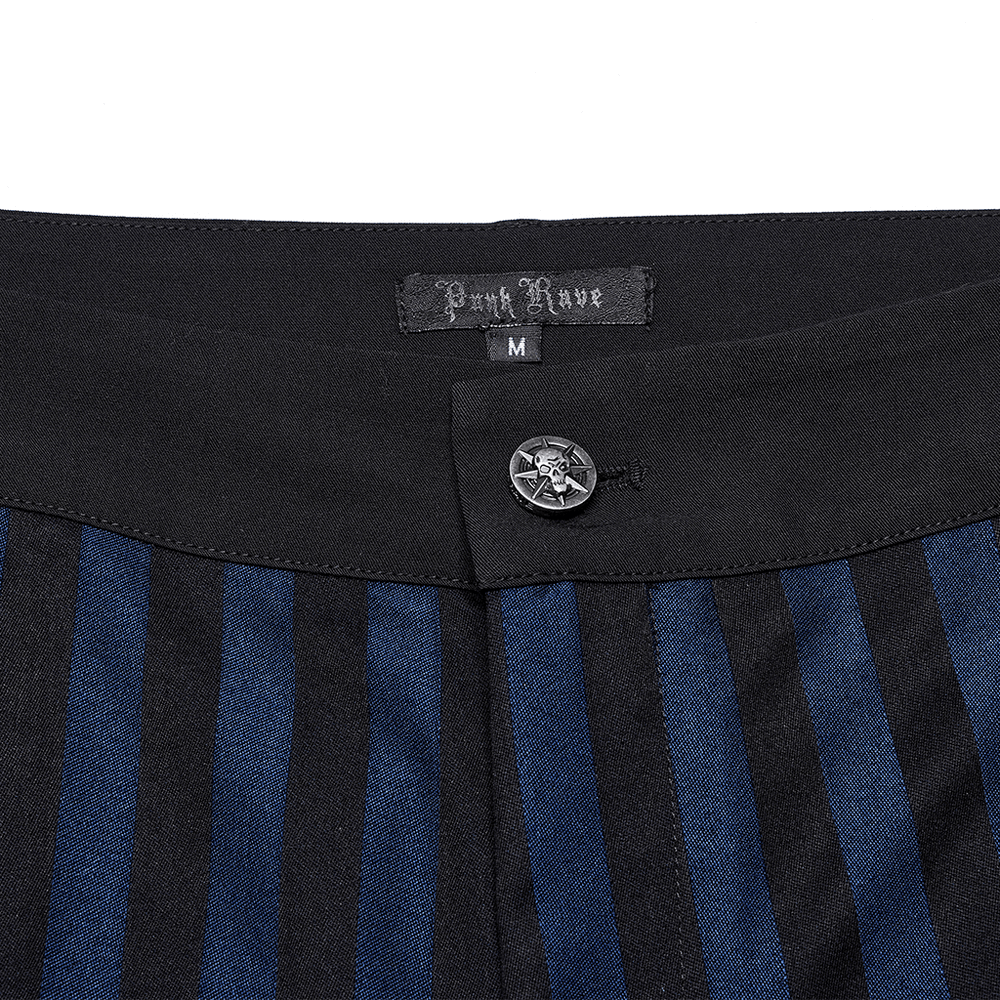 Close-up of Dark Stripe Gothic Slim Fit Trousers' waistband featuring a stylish engraved button and brand label.