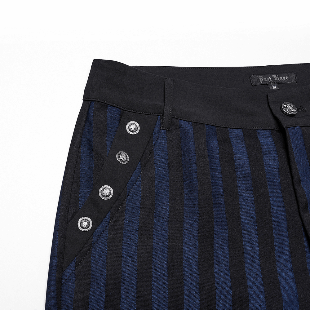 Close-up of dark stripe gothic slim fit trousers with engraved metal buckles and sleek design for alternative menswear.
