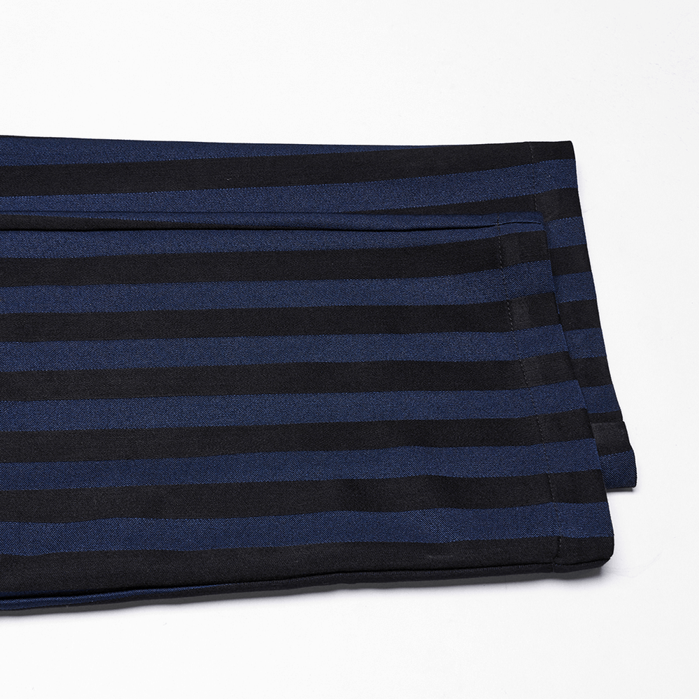 Dark stripe gothic trousers folded, showcasing elegant vertical stripes and refined black-blue pattern.