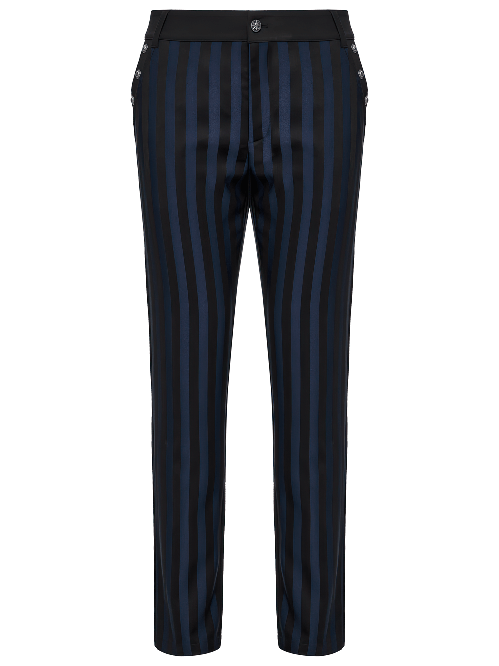 Dark stripe gothic slim fit trousers with buckles, featuring elegant vertical stripes and a refined silhouette.