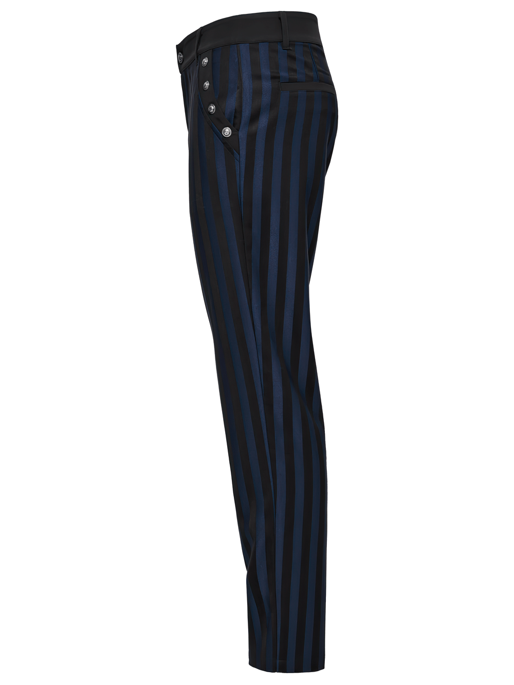 Dark stripe gothic slim fit trousers featuring metal buckles, perfect for alternative menswear.