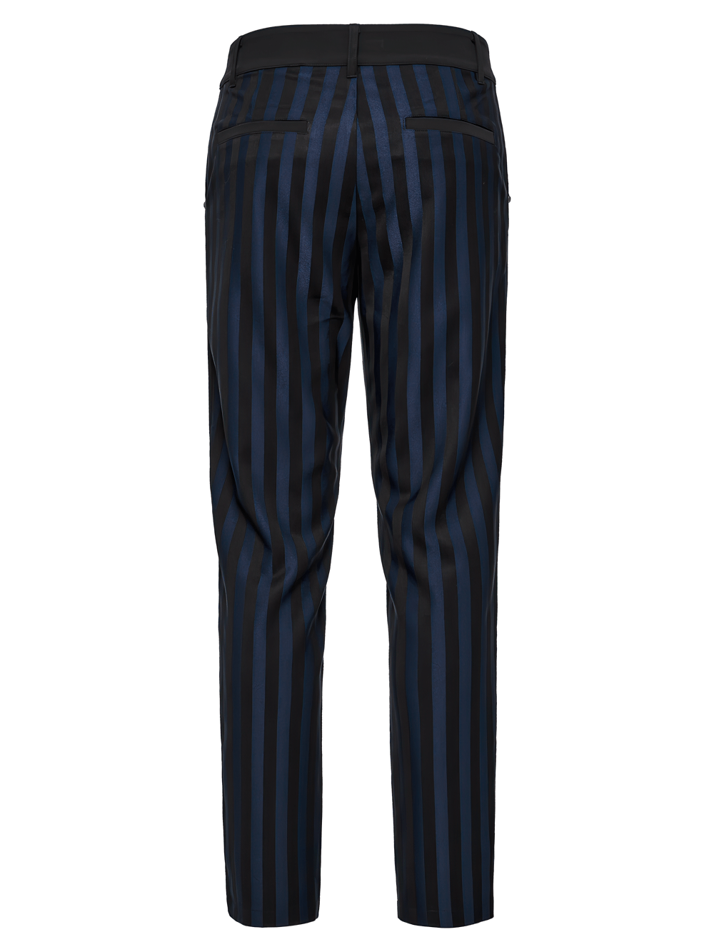 Back view of Dark Stripe Gothic Slim Fit Trousers with Buckles, featuring vertical stripes and sleek silhouette.
