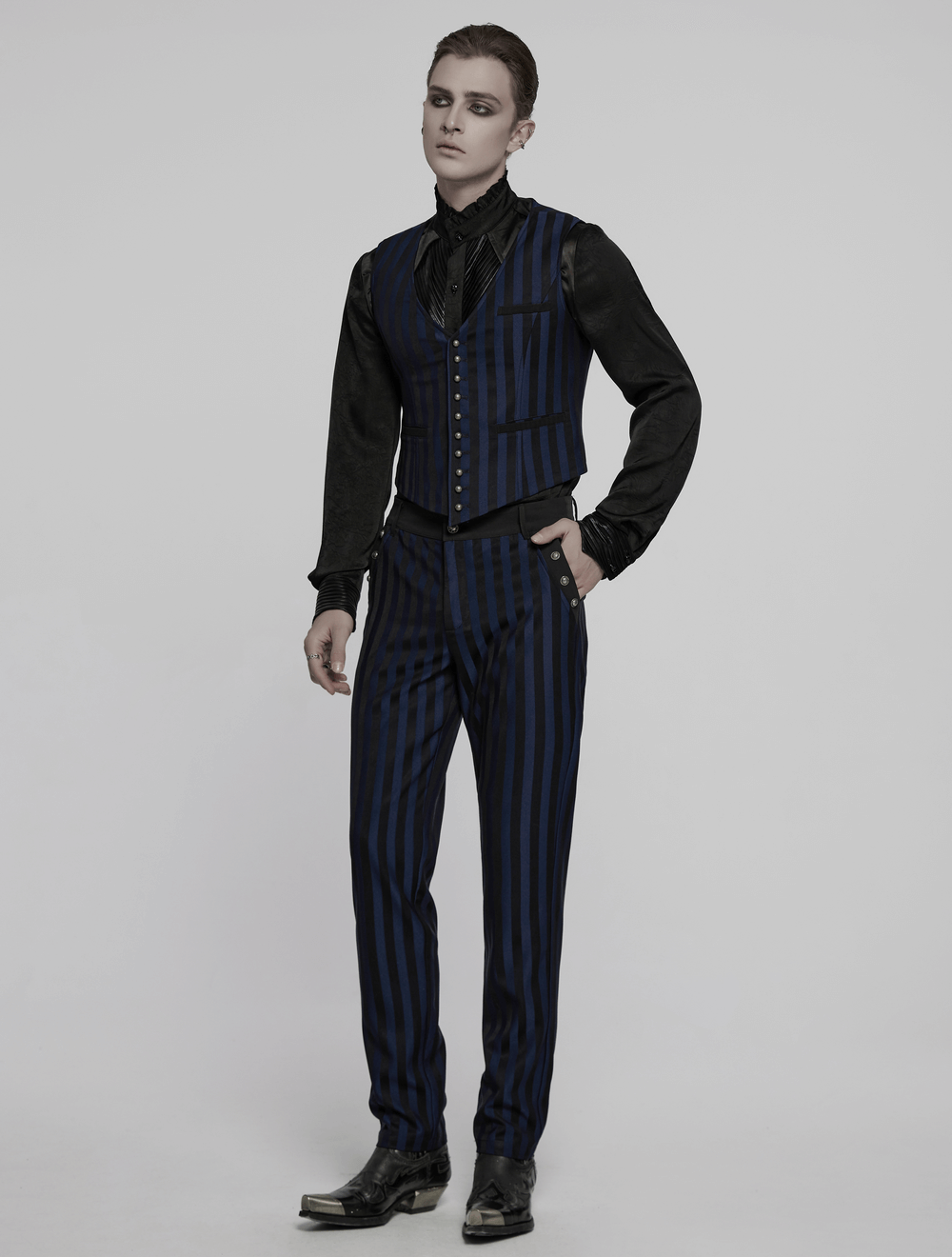 Dark stripe gothic slim fit trousers with buckles worn by a model, showcasing alternative menswear elegance.