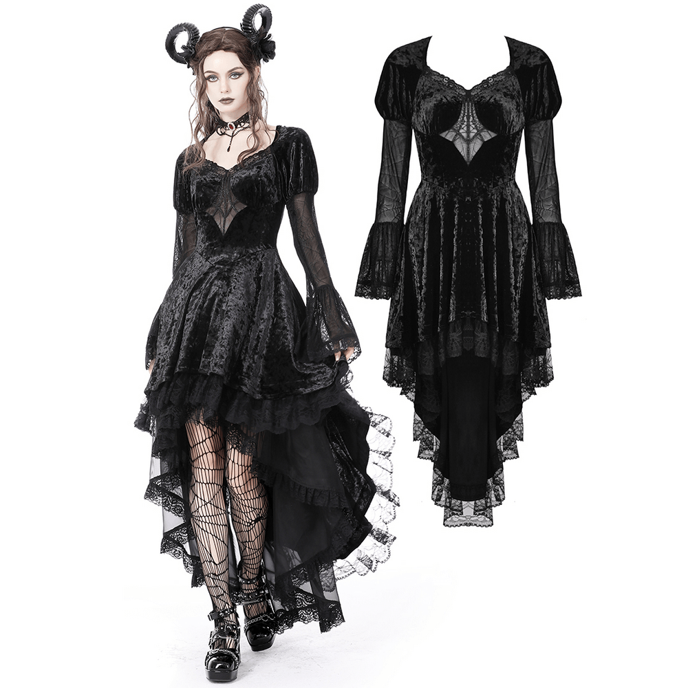 Dark velveteen high-low dress with spiderweb lace accents, perfect for gothic elegance and special occasions.