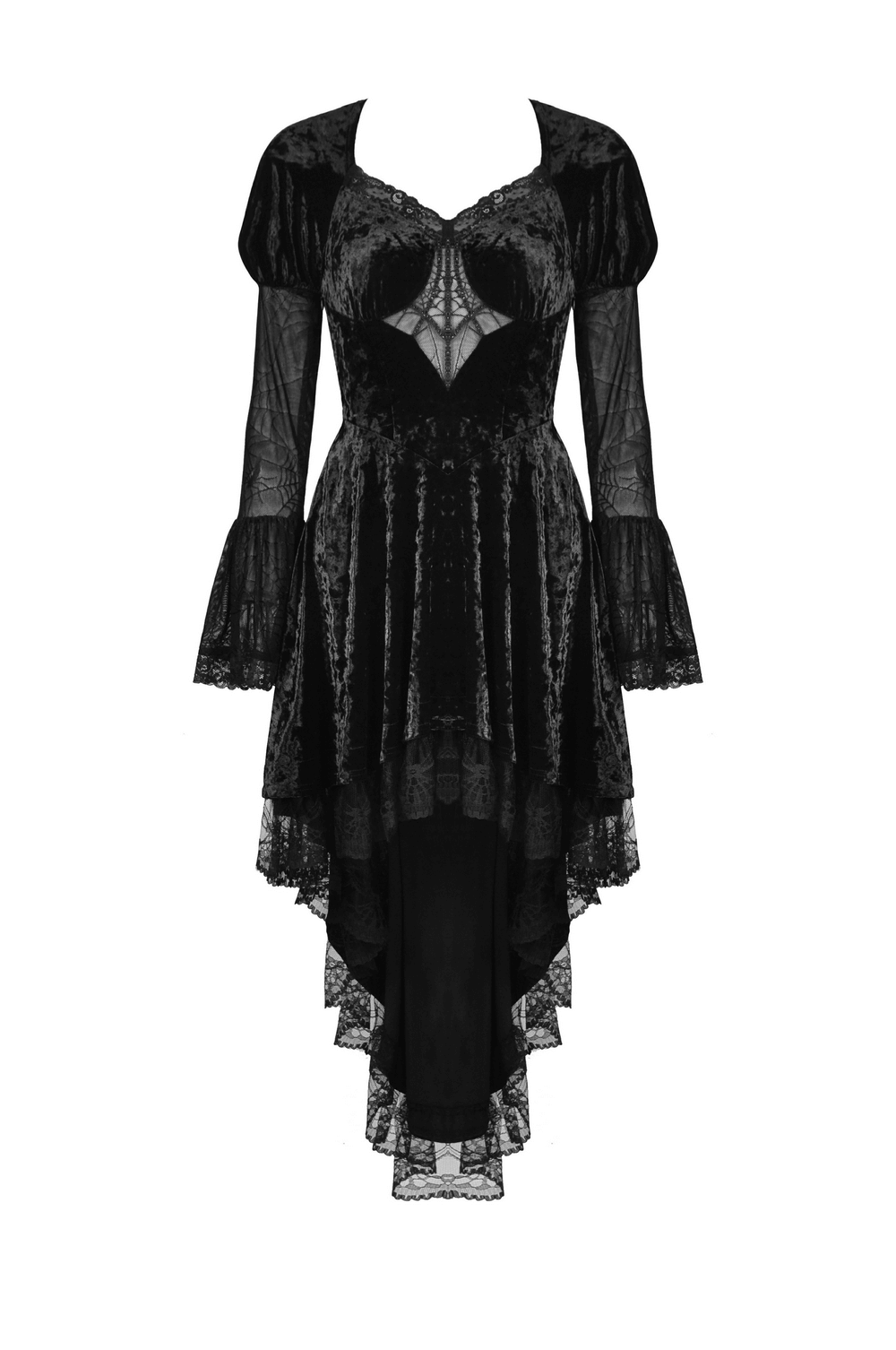 Gothic black velveteen high-low dress with spiderweb lace accents, perfect for embracing your dark elegance.