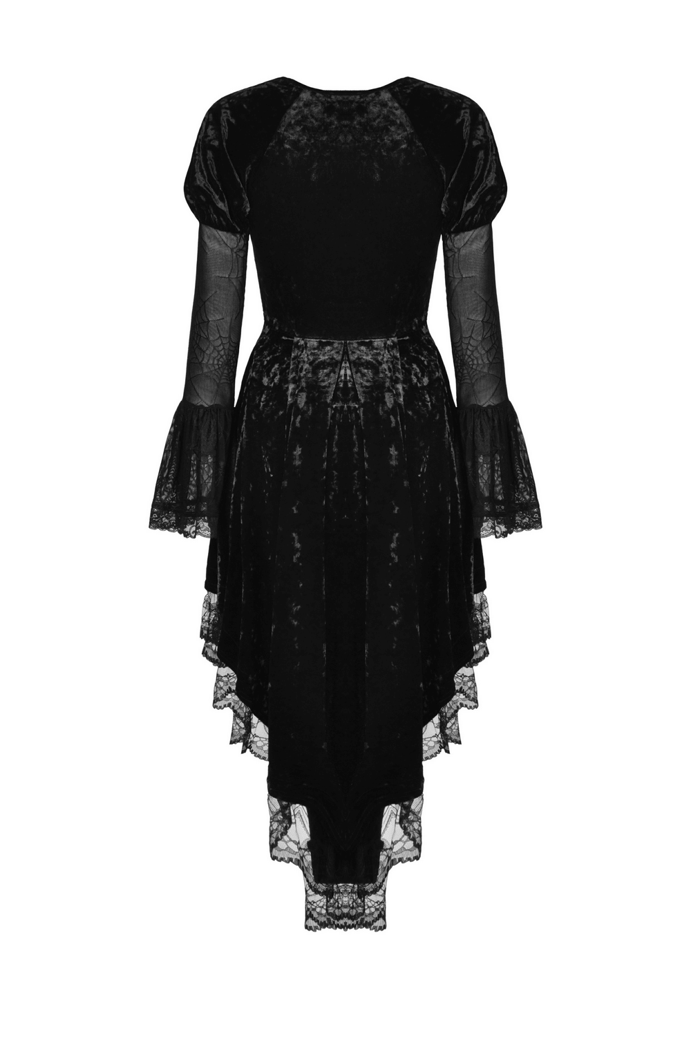 Back view of a black velveteen high-low dress with spiderweb lace sleeves, perfect for gothic elegance.