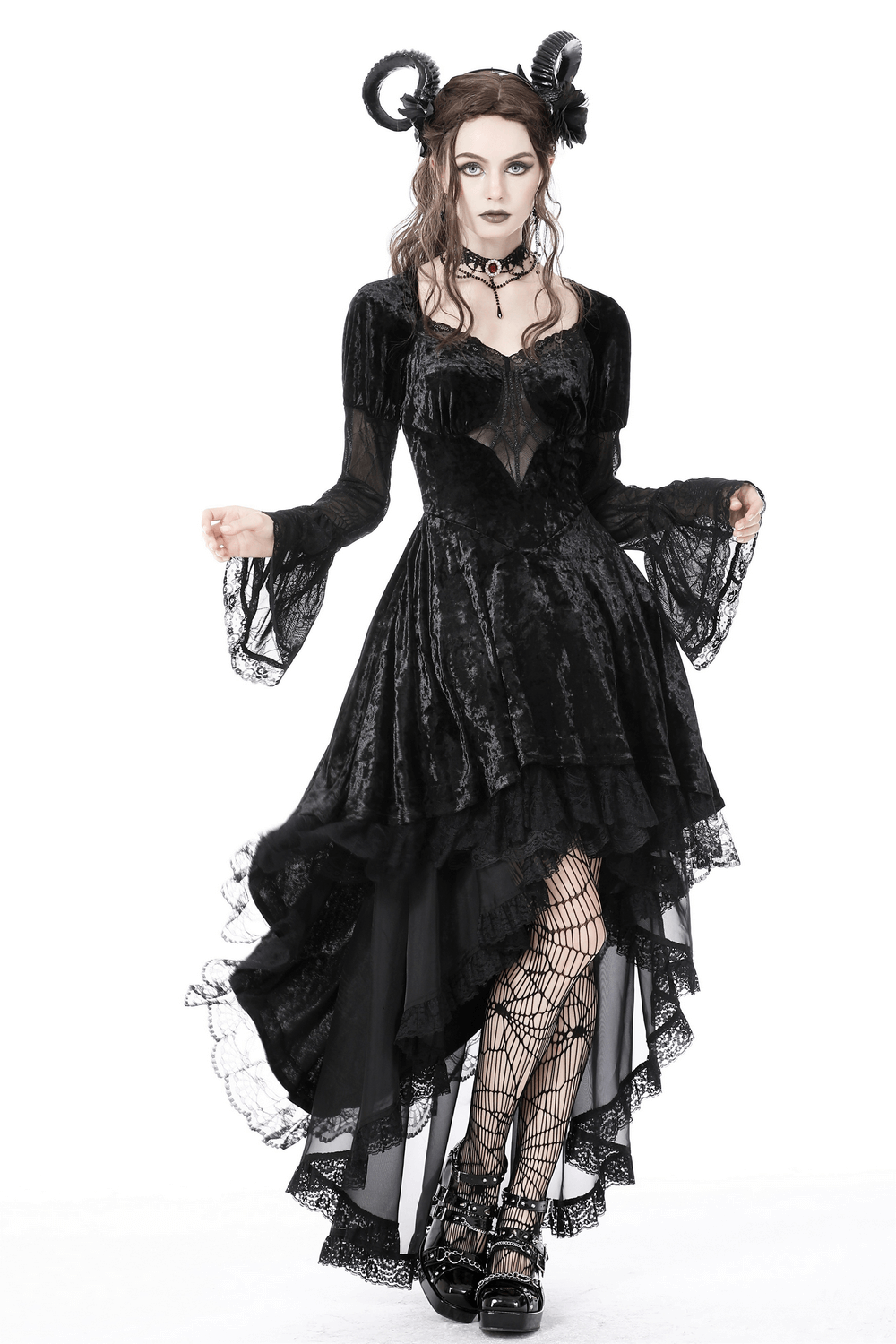 Dark velvet high-low dress with spiderweb lace accents, perfect for gothic elegance and witchy vibes.