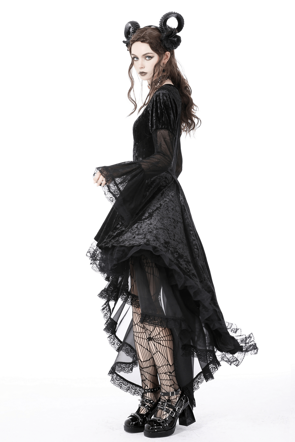 Dark Velveteen Spiderweb High-Low Dress - Embrace the Night