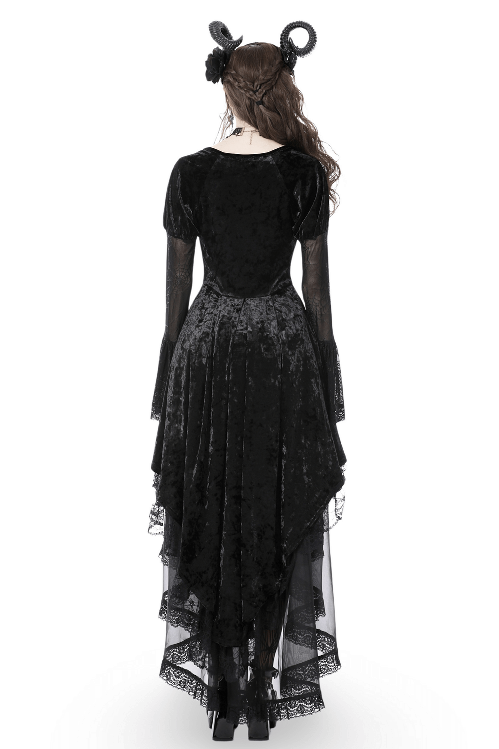 Black velveteen high-low dress with spiderweb lace accents, showcasing a gothic style from the back.