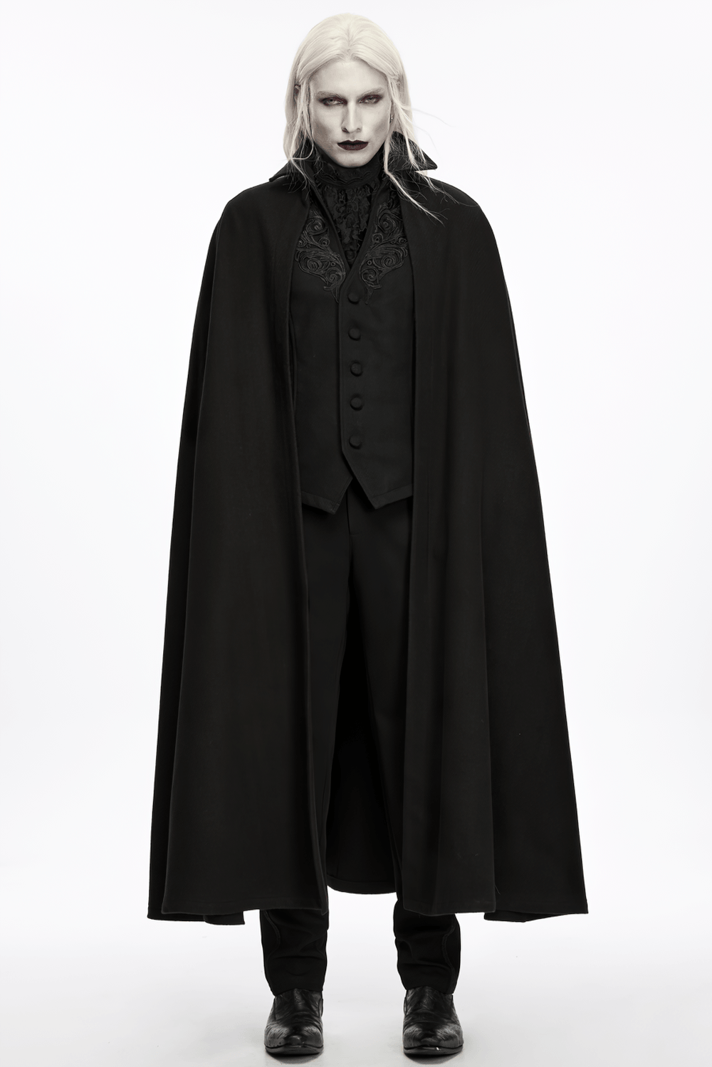 Dark Victorian Black Wool Cloak with Stand Collar, gothic full-length cloak with ornate V-neck appliqué and covered buttons