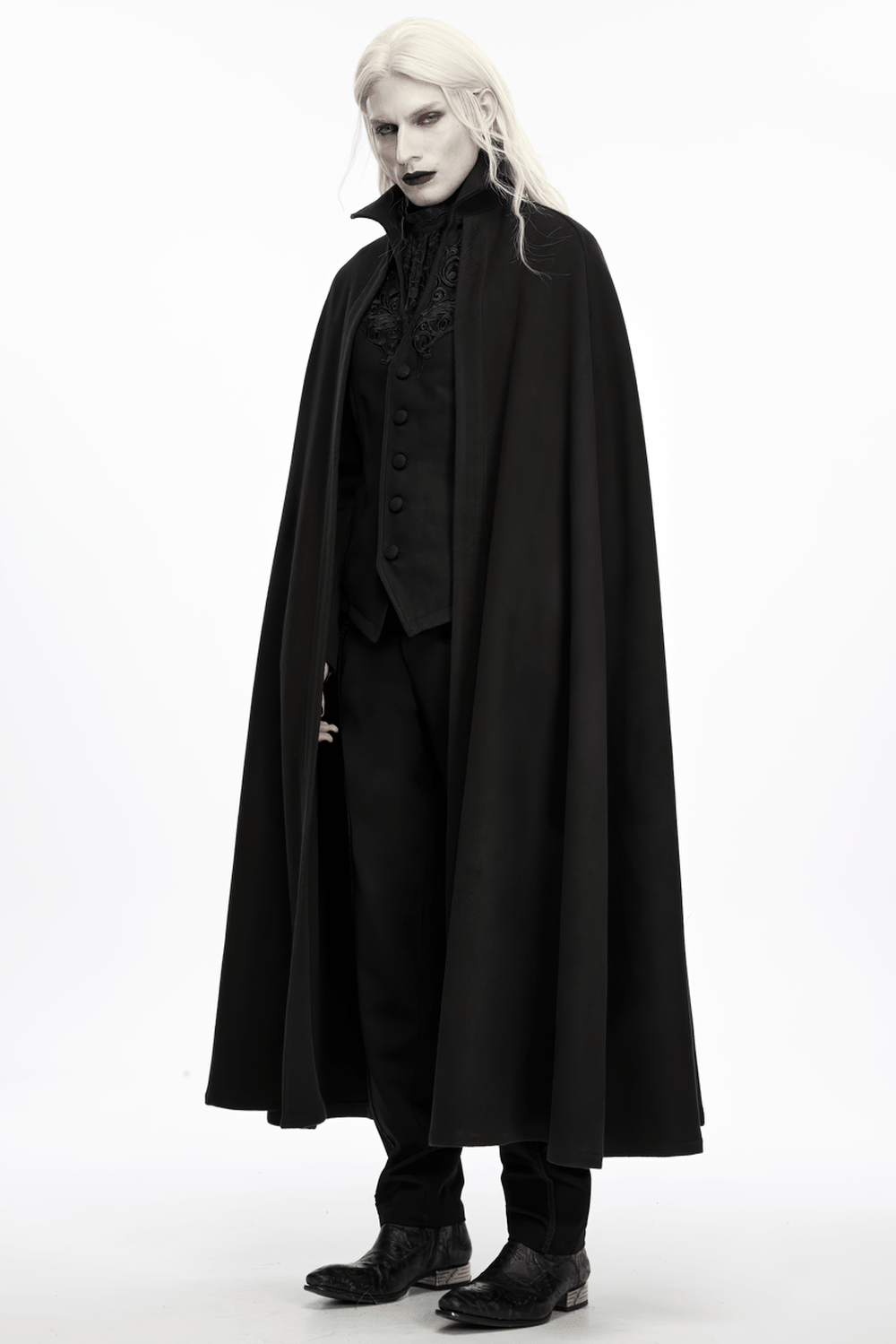 Dark Victorian Black Wool Cloak with Stand Collar, dramatic gothic full-length cape with V-neck appliqué