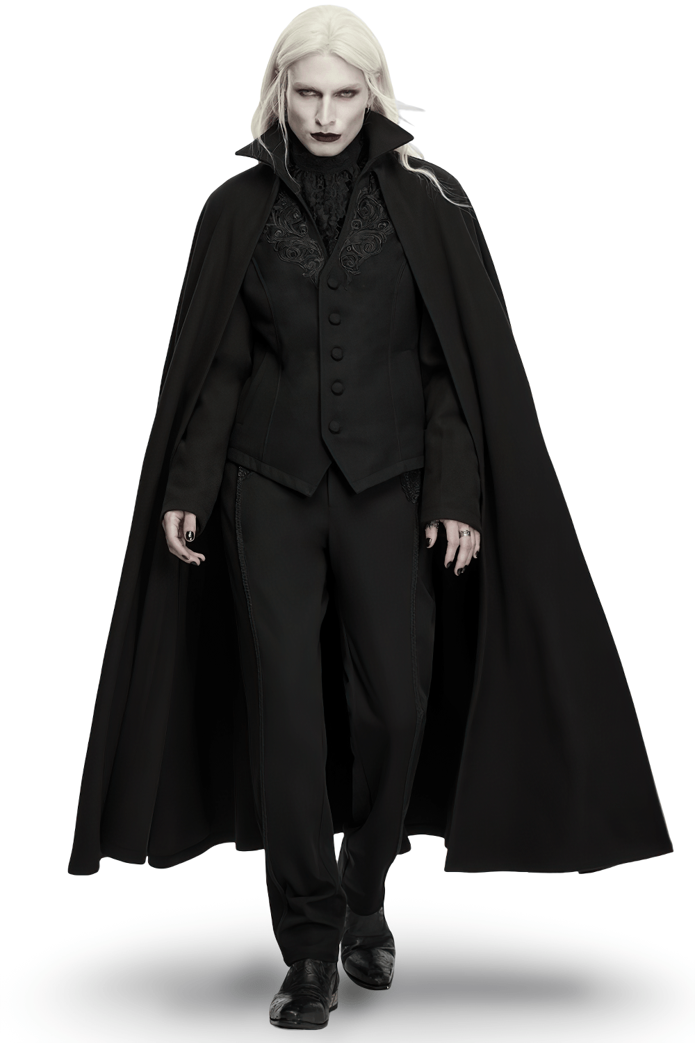 Dark Victorian Black Wool Cloak with Stand Collar black gothic vampire cloak with V-neck appliqué and dramatic full-length silhouette
