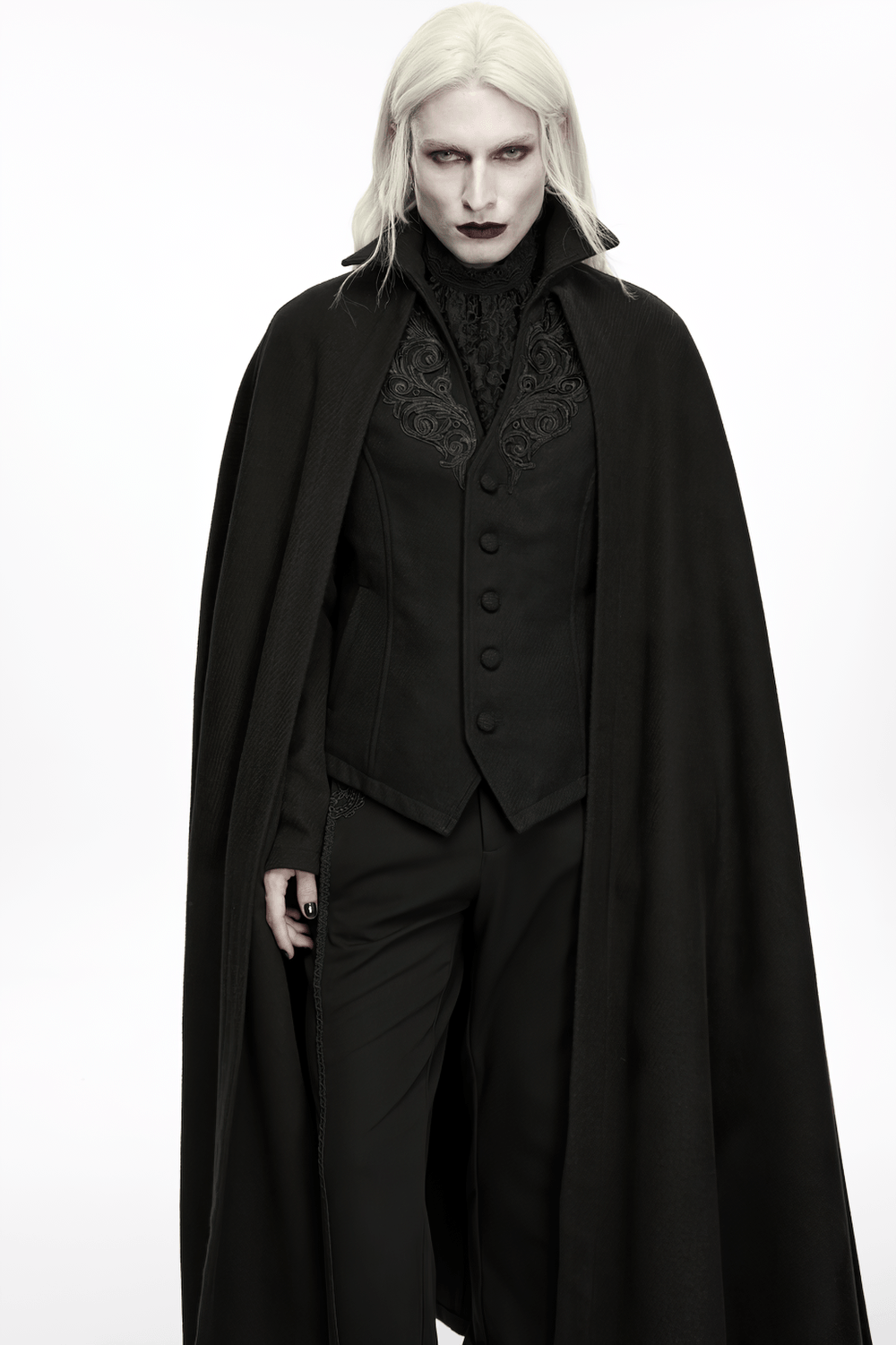 Dark Victorian Black Wool Cloak with Stand Collar, gothic full-length cloak with V-neck appliqué and covered buttons