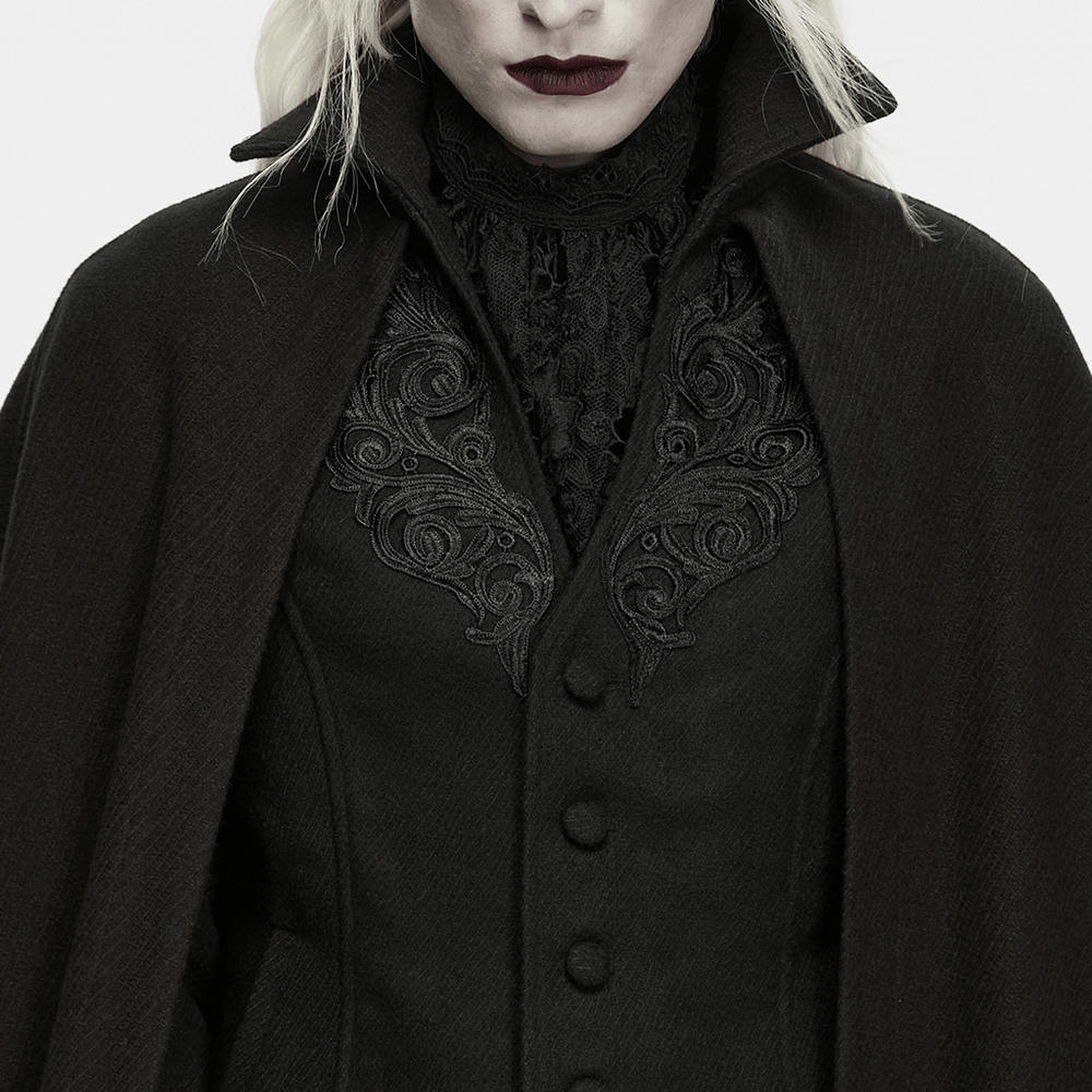 Dark Victorian Black Wool Cloak with Stand Collar, gothic wool cloak with ornate appliqué and dramatic high collar
