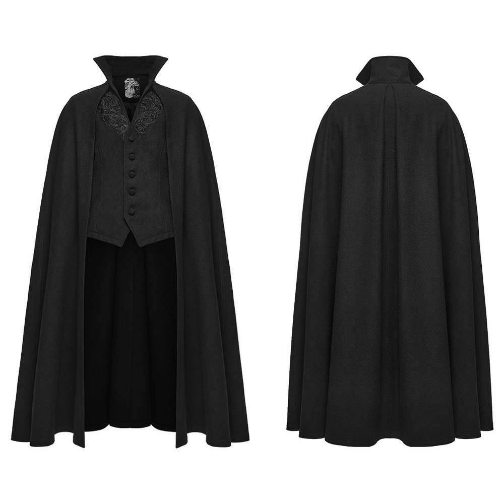 Dark Victorian Black Wool Cloak with Stand Collar, gothic full-length black cloak with V-neck appliqué and covered buttons