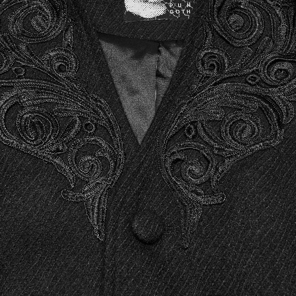 Dark Victorian Black Wool Cloak with Stand Collar, gothic black wool cloak with ornate appliqué and V-neck detail