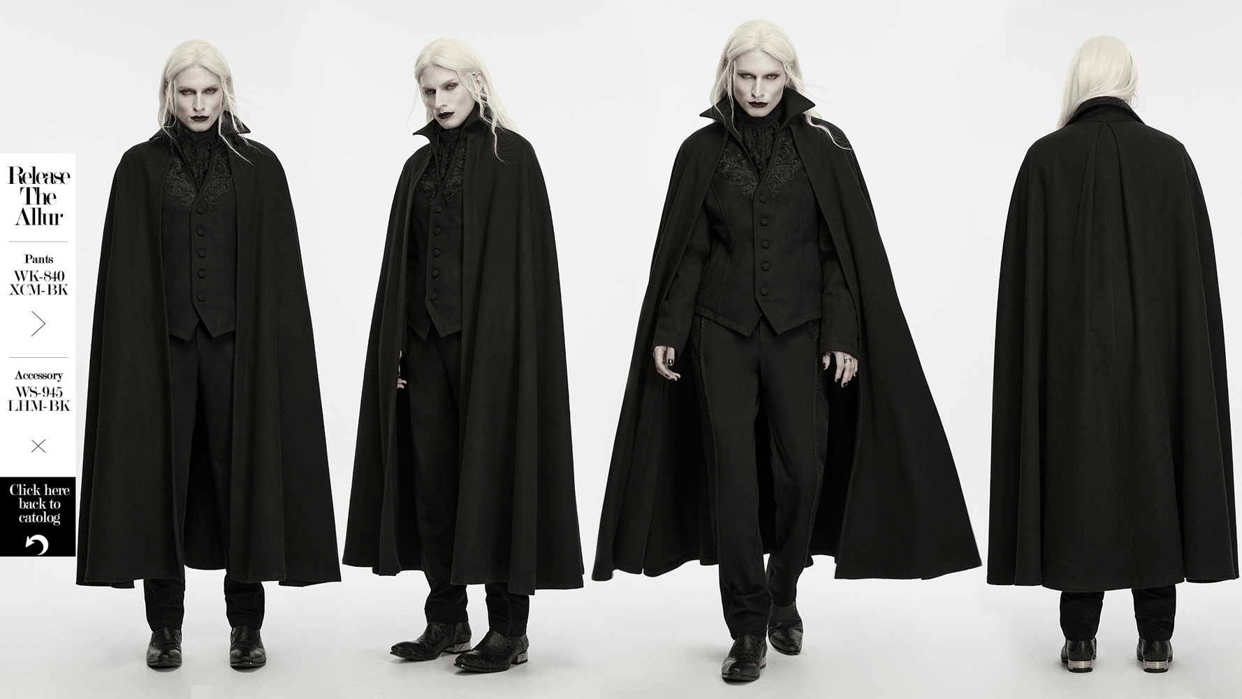 Dark Victorian Black Wool Cloak with Stand Collar, goth duke cloak with V-neck appliqué and dramatic full-length drape