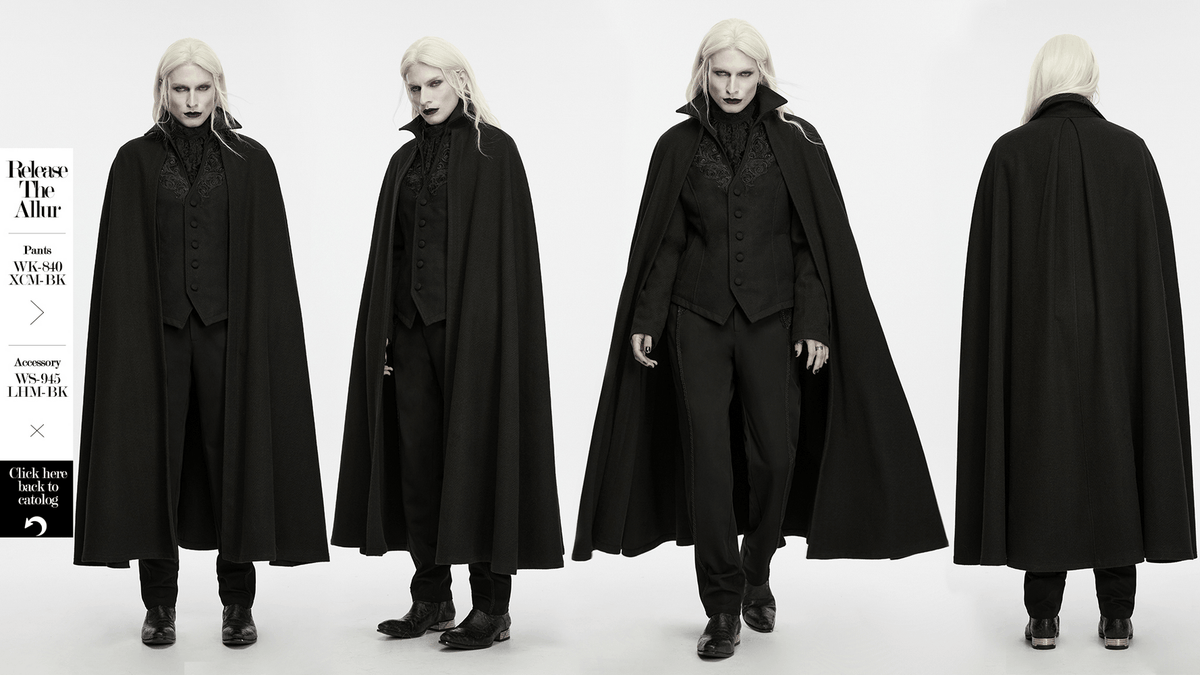 Dark Victorian Black Wool Cloak with Stand Collar, goth duke cloak with V-neck appliqué and dramatic full-length drape