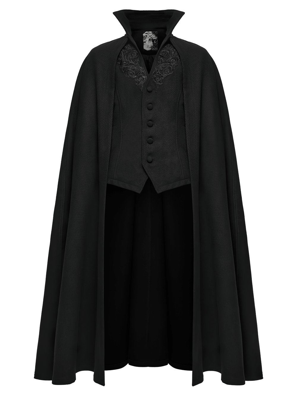 Dark Victorian Black Wool Cloak with Stand Collar, gothic full-length cape with appliqué and covered buttons