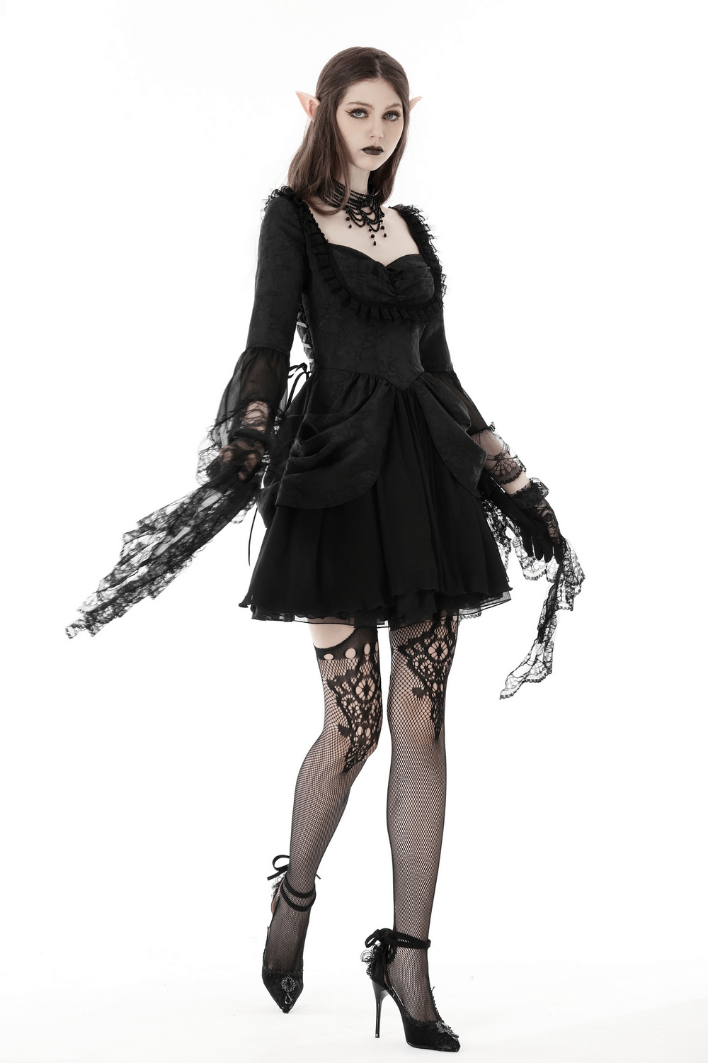 Dark Victorian Dress With Gothic Lace Ruffle Sleeves