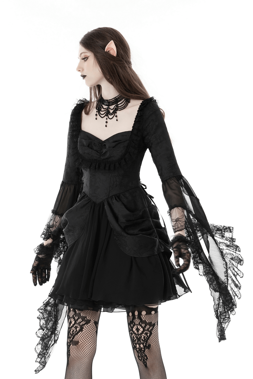 Dark Victorian Dress With Gothic Lace Ruffle Sleeves