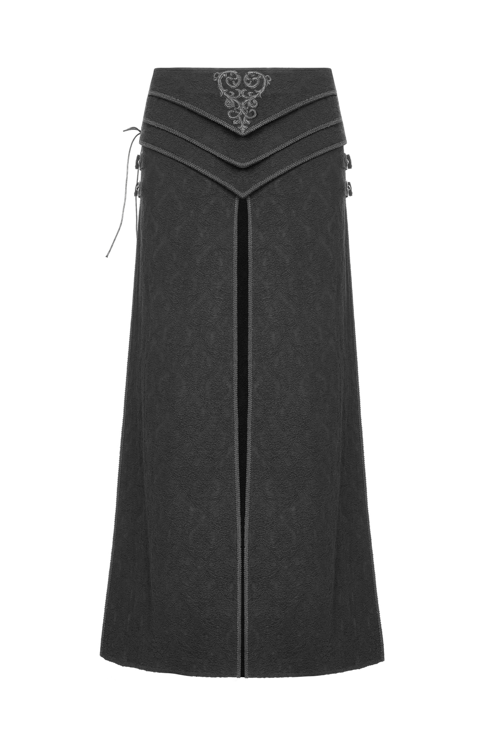 Dark Victorian lace-up long skirt with embroidered heart detail and adjustable side cord, perfect for steampunk looks.