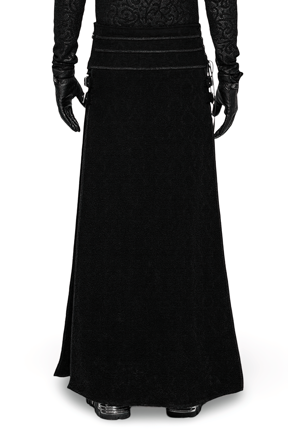 Back view of a dark Victorian lace-up long skirt with vintage jacquard fabric and stylish details.