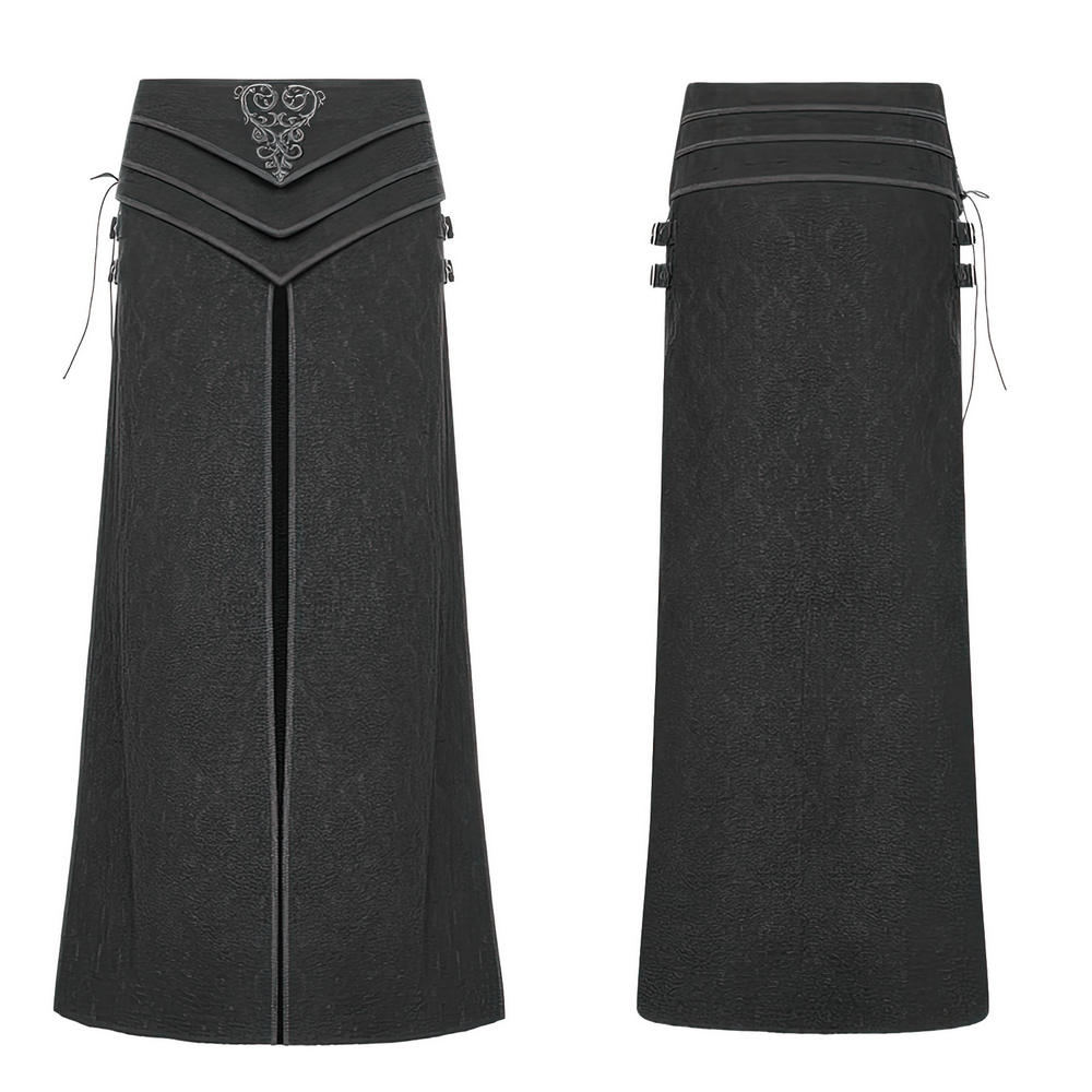 Dark Victorian lace up long skirt in brocade jacquard, featuring intricate embroidery and side zippers.