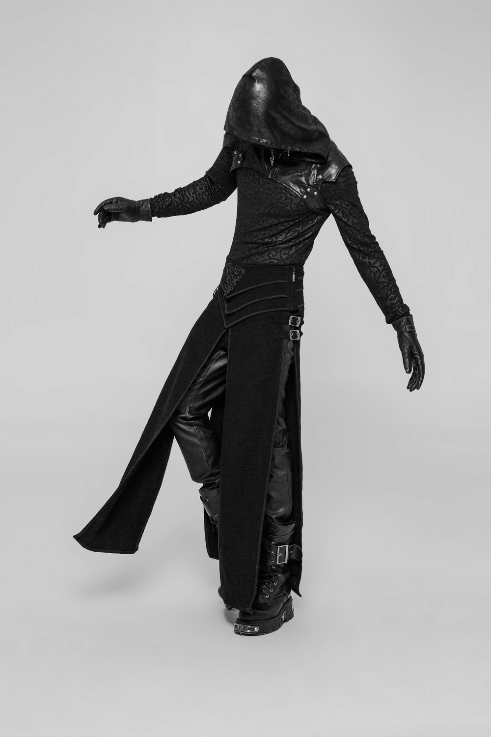 Dark Victorian hooded outfit featuring intricate textures and stylish layered design, perfect for punk or gothic fashion.