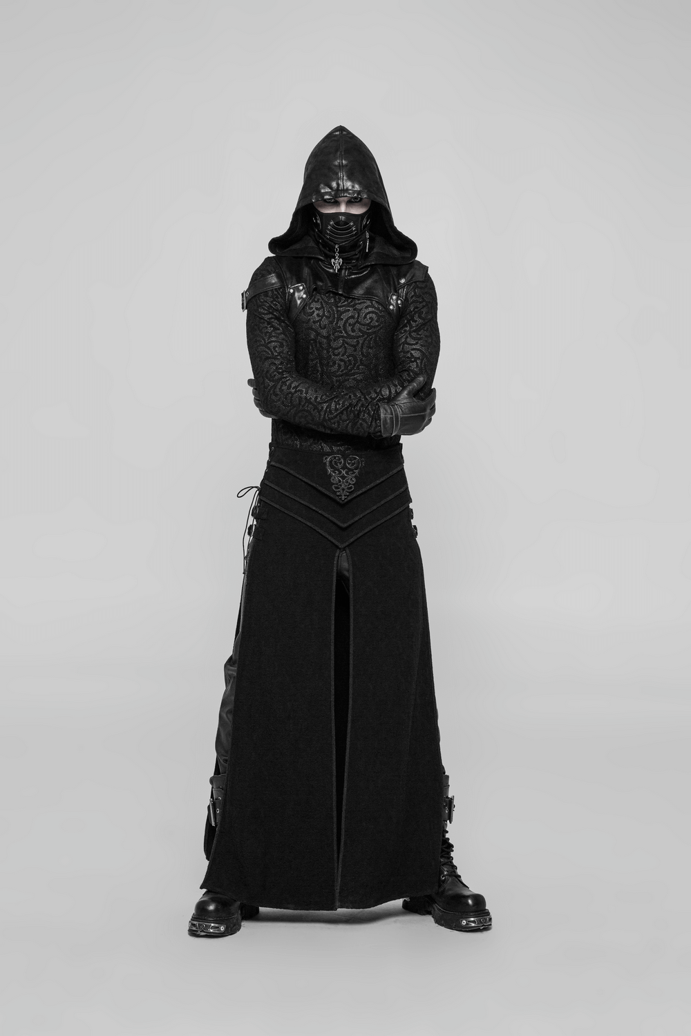 Punk Rave Gothic long skirt with hooded top, showcasing intricate black fabric and stylish design for dark Victorian aesthetic.