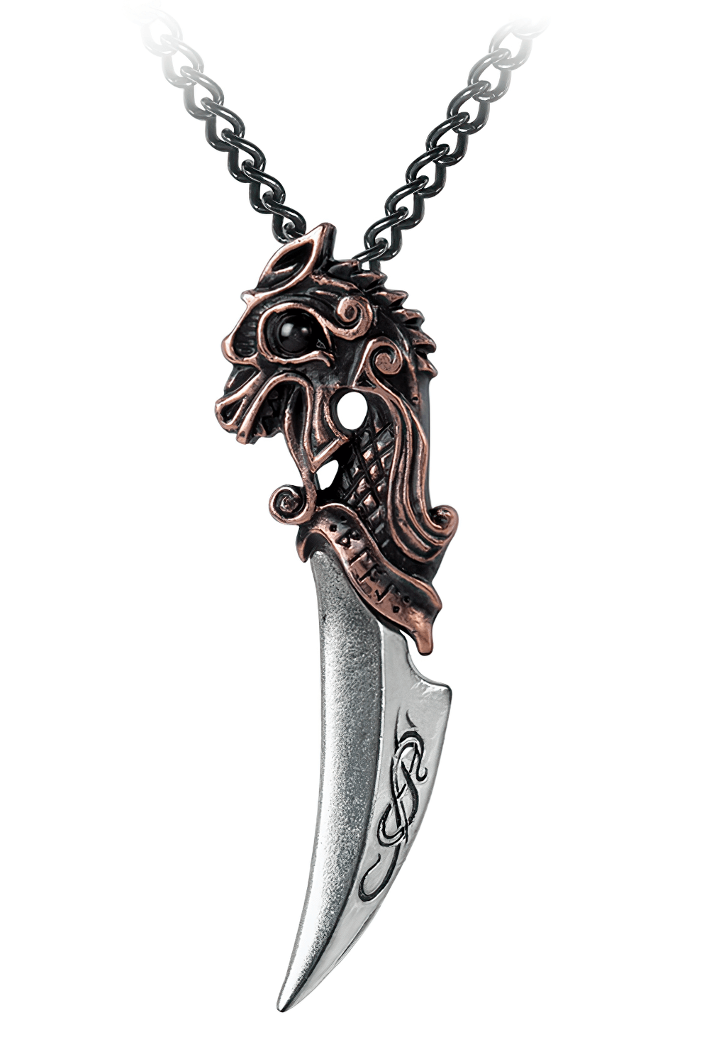 Dark Viking dragon head dagger pendant necklace with runic motifs, symbolizing warrior strength and self-preservation.