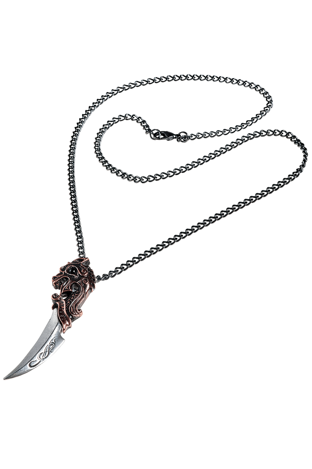 Dark Viking Einardolk dragon head dagger pendant necklace with runic designs.