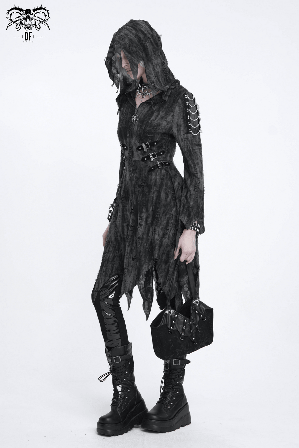 Dark Witch Hooded Coat with Tattered Hem and Strap Details gothic women's hooded coat with buckles and chain accents