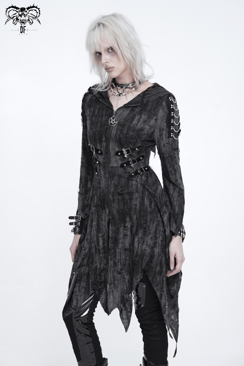 Dark Witch Hooded Coat with Tattered Hem and Strap Details, gothic women's coat with chains, buckles, and pentagram zipper pull