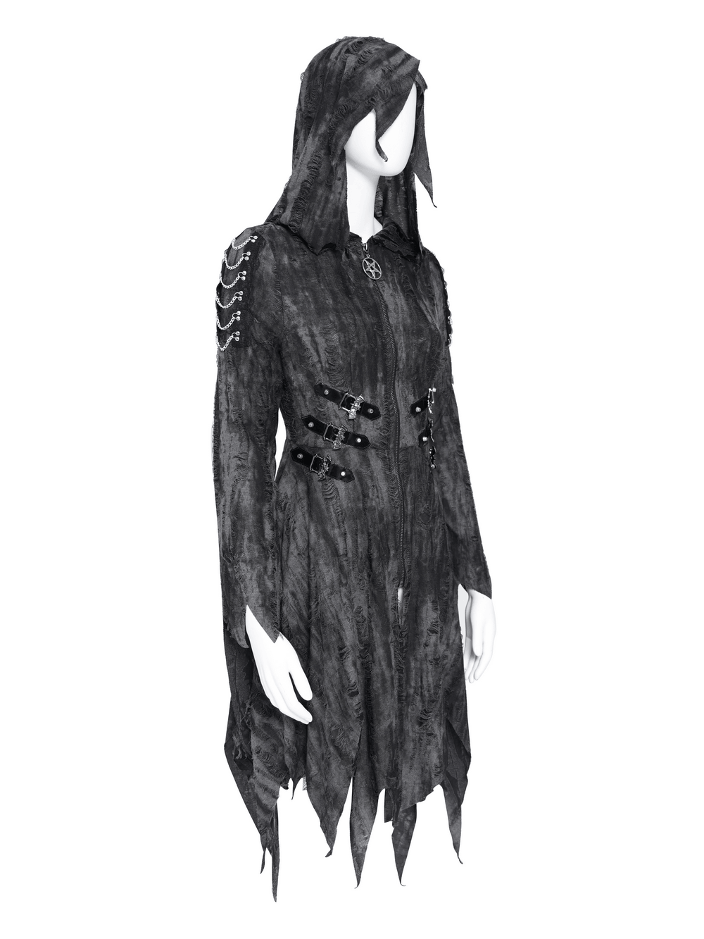 Dark Witch Hooded Coat with Tattered Hem and Strap Details women's gothic coat with buckles, chains, and pentagram zipper