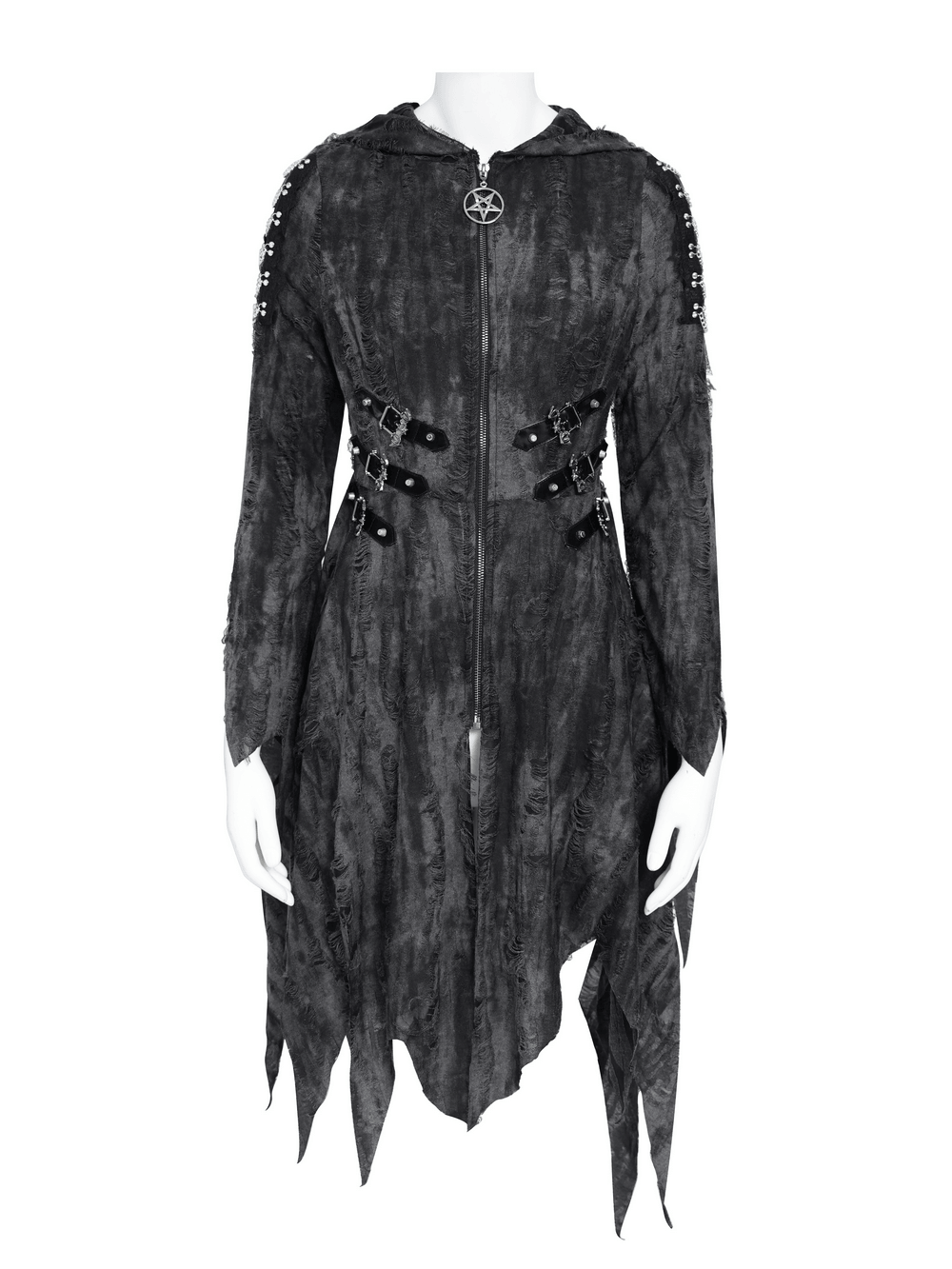 Dark Witch Hooded Coat with Tattered Hem and Strap Details, gothic women's coat with buckles, pentagram zipper, and distressed finish