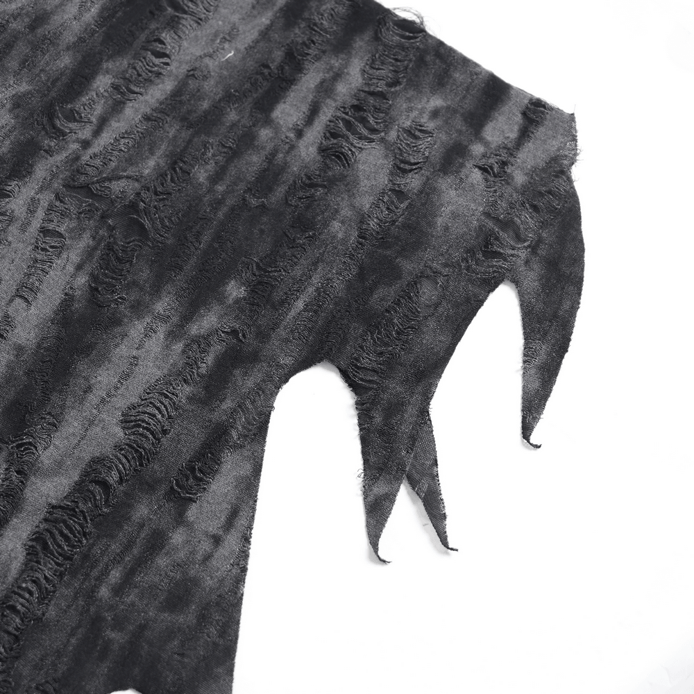Dark Witch Hooded Coat with Tattered Hem and Strap Details, distressed black gothic texture