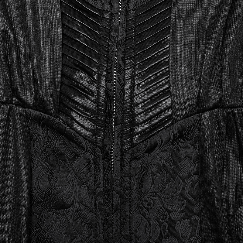 Close-up of Dark Witch Hooded Cloak with intricate 3D pleats and textured jacquard, showcasing gothic elegance and mystique.