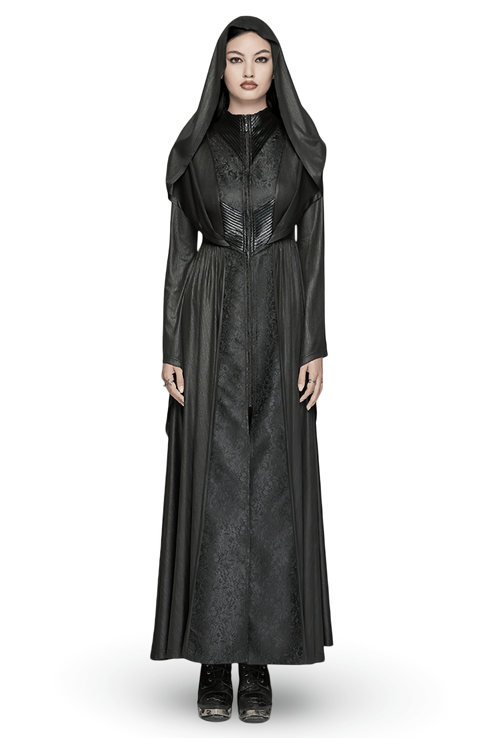 Dark Witch Long Hooded Cloak with 3D Pleats and Gothic Jacquard Design