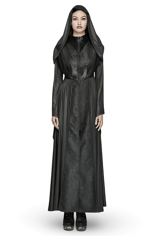 Dunkler Hexen-Langmantel mit Kapuze, 3D-Falten und Jacquard