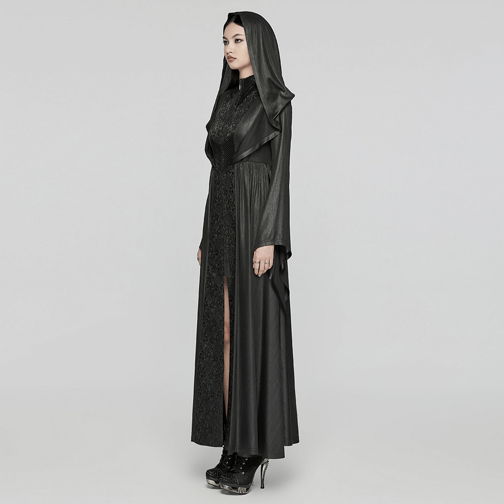 Goth woman in dark hooded witch cloak with 3D pleats and jacquard texture, showcasing an enchanting Gothic style and mysterious allure.