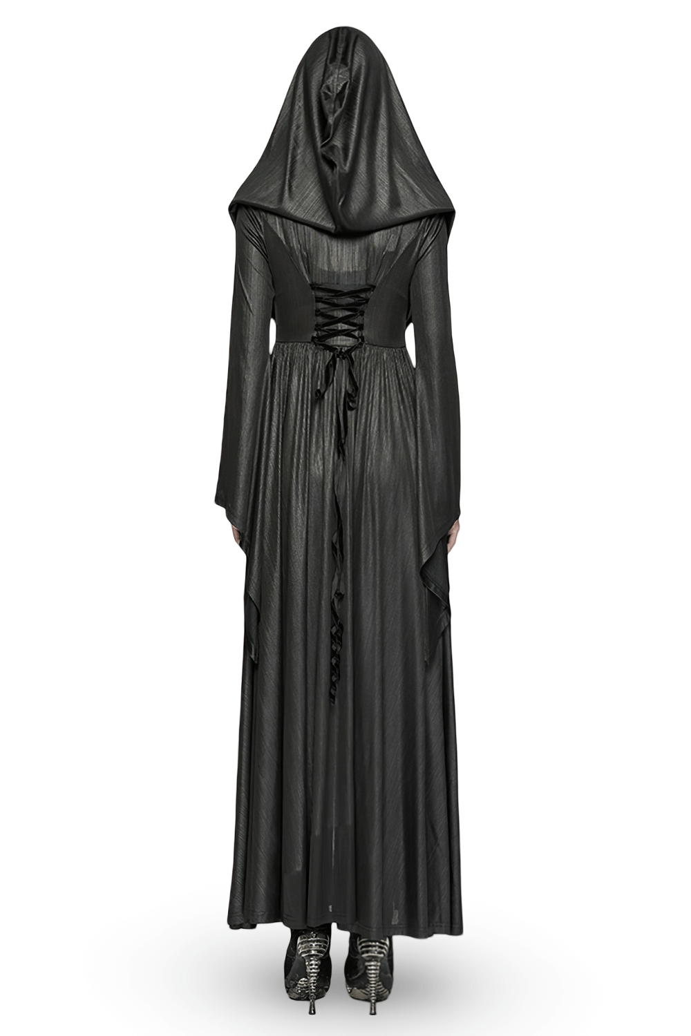 Enchanting dark witch cloak with hood, 3D pleats, textured jacquard, and adjustable drawstring for a tailored gothic look.