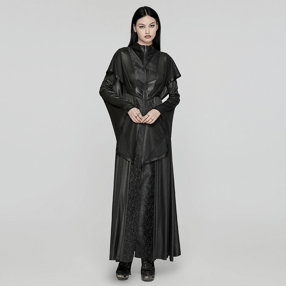 Dark witch hooded cloak with 3D pleats in textured jacquard, full-length gothic coat with adjustable waist, mysterious and enchanting design