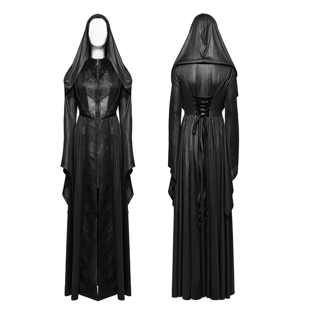 Enchanting dark witch hooded cloak with 3D pleats, textured jacquard, and mysterious charm for a gothic wardrobe.