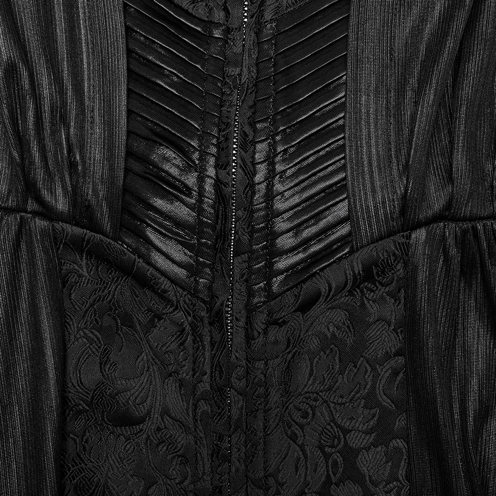 Intricate 3D pleats and jacquard detail on dark witch hooded cloak for a gothic wardrobe enchantment.