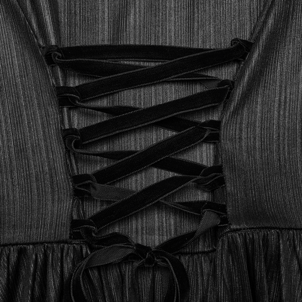 Close-up of adjustable back drawstring on a dark witch hooded cloak with 3D pleats and jacquard texture.